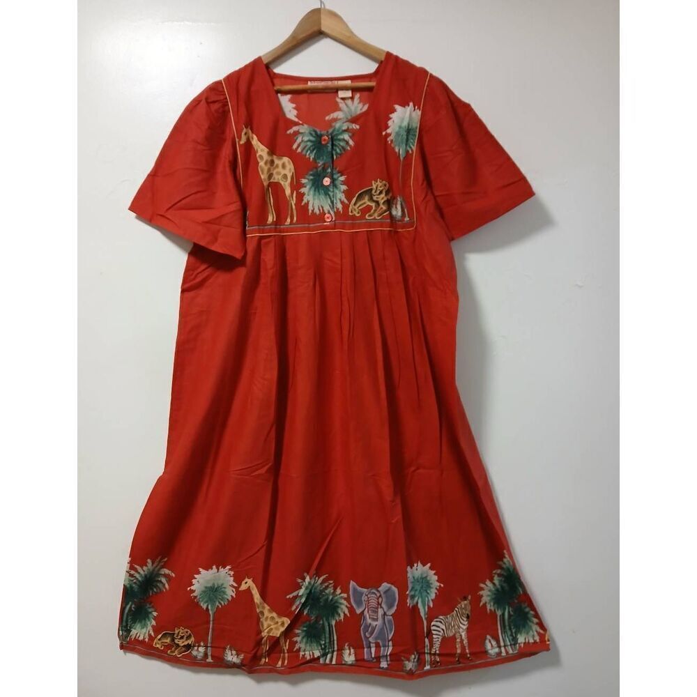 Vermont country store womens large mumu dress red giraffe elephant Prairie maxi